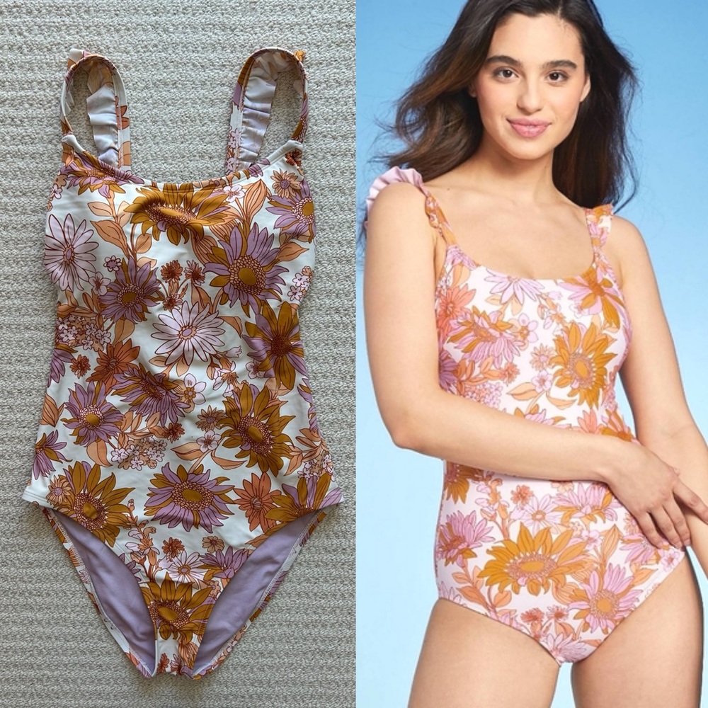 Kona Sol Pink and Orange Floral Ruffle Sleeve One Piece Swim Suit Beach Vacation